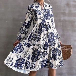 Blue and white long sleeve summer dress